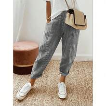 Loose Casual Women's Trousers With Jacquard Woven Stripes And Patchwork Design, Ideal For Summer - Black - View 1