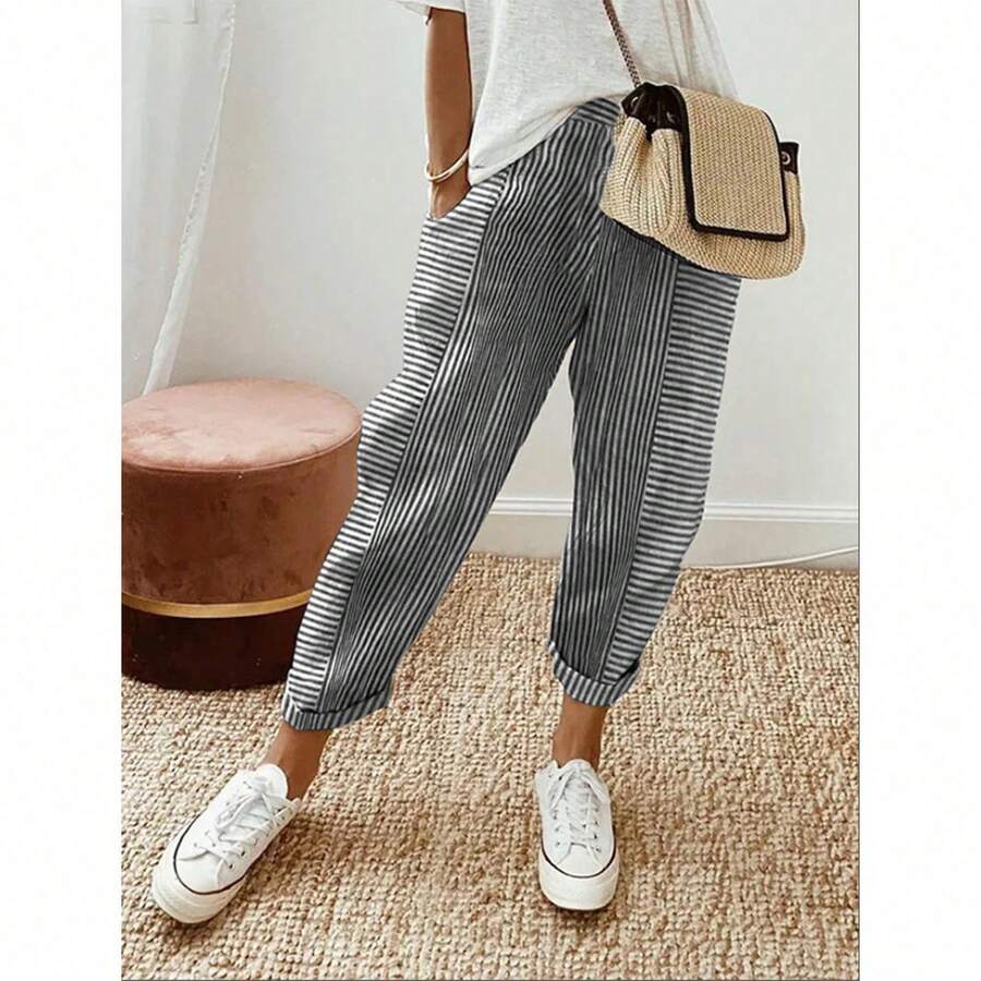 Loose Casual Women's Trousers With Jacquard Woven Stripes And Patchwork Design, Ideal For Summer - Black - View 1