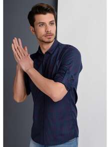 Men's Plaid Long Sleeve Single-Breasted Casual Shirt - Navy Blue - View 4