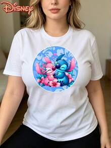 Disney Official Licensed | Stitch & Angel Tropical Kiss Print Women's Crew Neck Short Sleeve T-Shirt - Sweet Hawaiian Vibe, Soft Breathable Fabric, Crew Neck, Ideal For Vacation, Travel & Daily Casual Wear - White - View 1