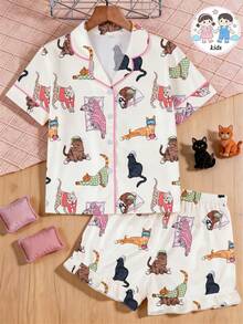 2 Stücke süßer, bunter Katzendruck Kinder Pyjama Set, Kurzarm Shorts Lässig Outfit, mit Cartoon Katzendruck, geeignet für Tween-Mädchen, Lässig Homewear oder Nachtwäsche, 2-teiliges Set - Aprikosenfarben - Übersicht 10