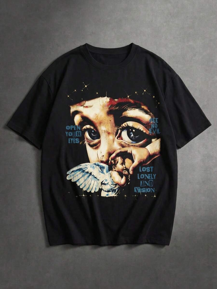 Fractyr 男士复古暗黑哥特街头天使之眼印花T恤,柔软质地,Y2K街头风宽松短袖上衣,哥特嘻哈休闲夏季T恤 - 黑色 - 查看 1
