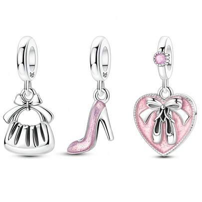 1 Silver Lifestyle Series Pendant, Pink Ballet Shoe High-Heeled Handbag Heart Pendant, Suitable For DIY Jewelry Making (Bracelet, Necklace), Birthday, Anniversary Gift For Women