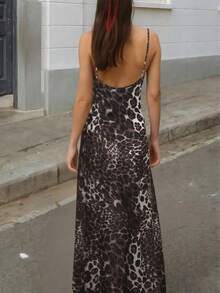 Spaghetti Strap Backless Leopard Print Fitted Long Dress Elegant Vacation Party Black - Black - View 2