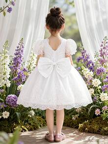 Young Girls Round Neck Faux Pearl Embroidered Tulle Elegant Wedding Princess Dress Suitable For Ball, Fabric Pattern Randomly Cut, Headband Not Included - White - View 1