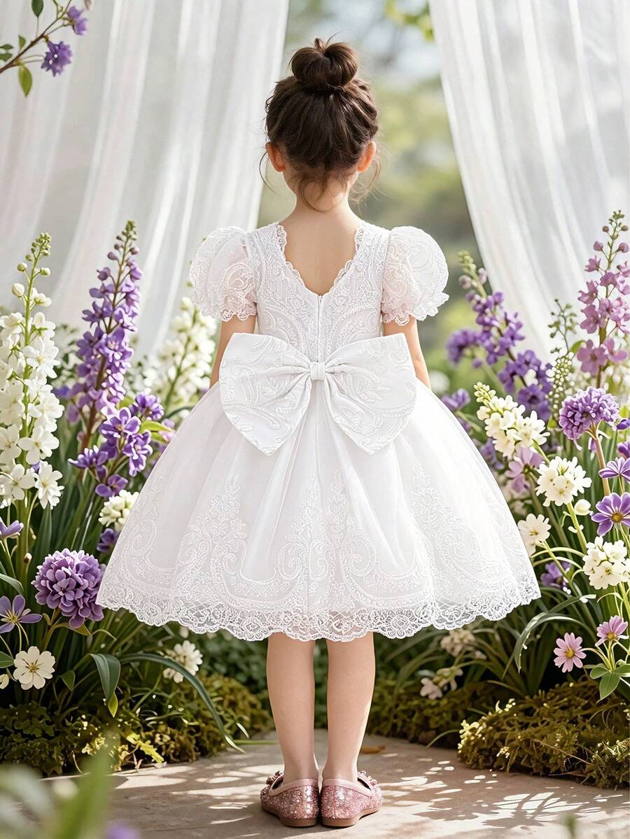 Young Girls Round Neck Faux Pearl Embroidered Tulle Elegant Wedding Princess Dress Suitable For Ball, Fabric Pattern Randomly Cut, Headband Not Included - White - View 1