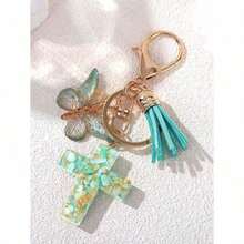 Resin Cross Keychain For Women Girls - 6 Styles With Butterfly Charm & Tassel, Embedded Pebbles, Glitter Heart & Purple Sequins (Mint Green/White/Pink/Purple) Fashion Jewelry Gift, Easter Baptism Party Favors Car Accessories Bag Charm School Cute Goth Y2k - 彩色 - 查看 4
