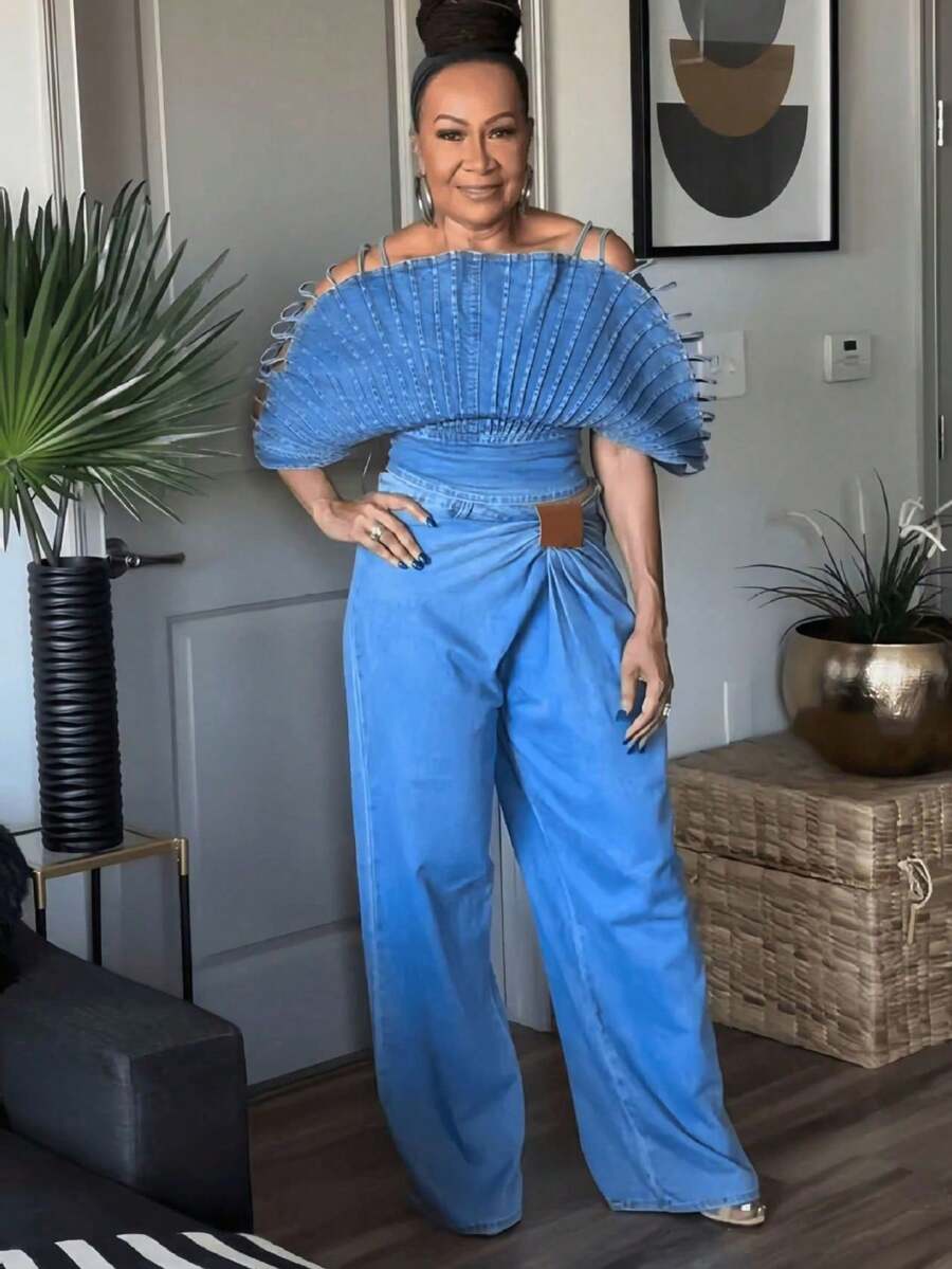 Denim Set With Fan Design And Off-The-Shoulder Style, Best Seller - Jacket + Pants (Suit) - View 1