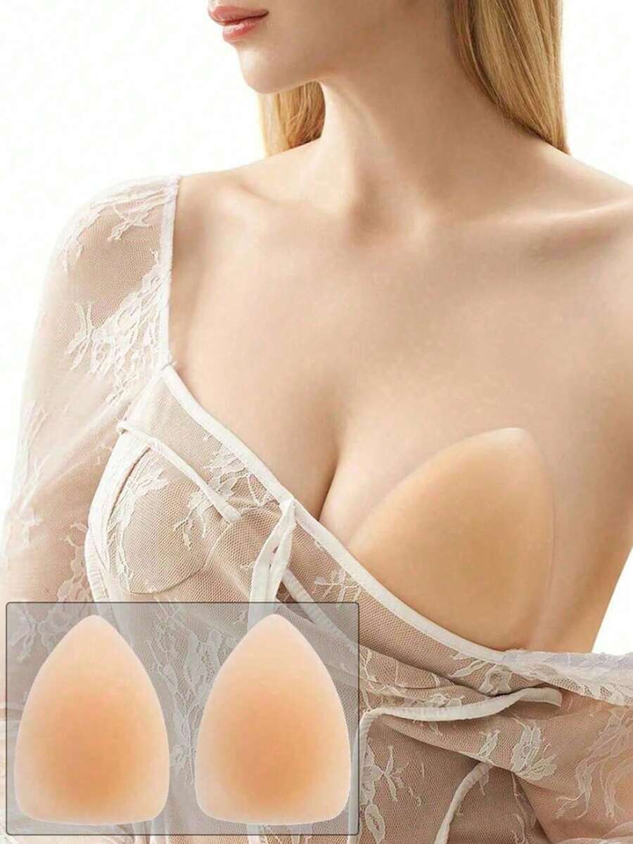 1对(2片)硅胶乳贴,女士超薄可重复使用隐形粘性乳贴 | 强力粘性,防水,适合比基尼、低领连衣裙和日常穿着 - 杏色 - 查看 1