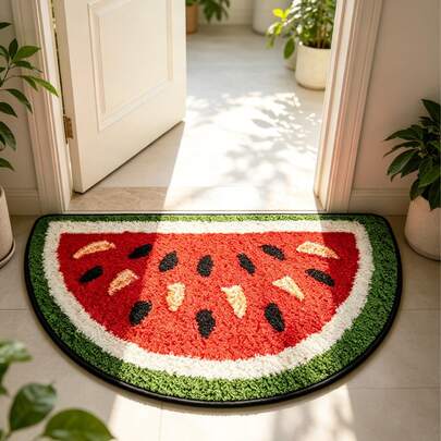 1 pieza Felpudo con diseño de sandía y frutas en forma de semicírculo, adecuado para baño y decoración de sala de estar, diseño divertido, felpudo de baño, alfombra de baño, felpudo, alfombra pequeña, alfombra, felpudo, decoración del hogar, alfombra de área, felpudo de exterior, alfombra de dormitorio, alfombra lavable