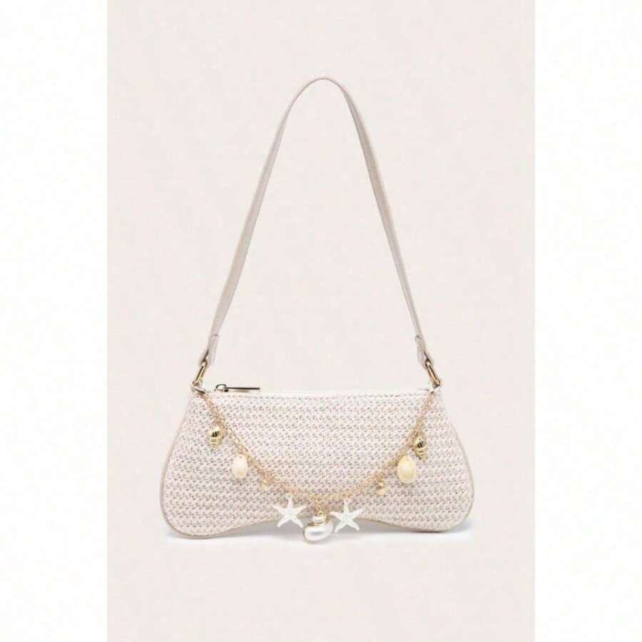 Shells Pearl Straw Woven Underarm Bag Casual All-Matching Commuting Bag Niche High-End Shoulder Bag Women's Boho Seashell Pearl Beaded Straw Bags Zipper Single Strap Underarm Purses - Màu trắng sữa, kích thước 24*6*14cm - Xem 1