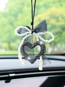 Colgante de espejo retrovisor de coche con lazo de cinta de gasa, corazón de strass - Amar - Ver 9