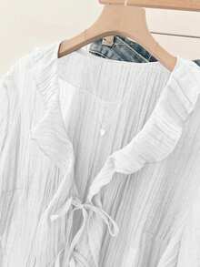 PARARAL 大码女装夏季时尚纯色拼接荷叶边系带透明衬衫 - 女士休闲夏季服装 白色 - 白色 - 查看 5