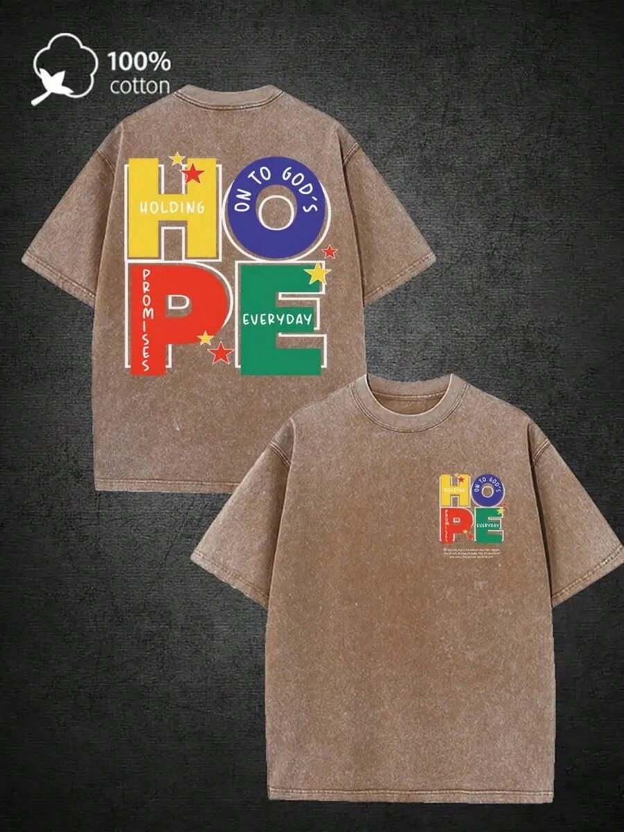 Playera Gráfica Casual Juveni23G Washed T-Shirt, Unisex Vintage Distressed Graphic Tee - Featuring Colorful "HOPE" Block Letters & "Holding On To God'S Promises Everyday" Inspirational Message, 1% Super Soft Breathable Oversized Casual Streetwear Top - 咖啡棕 - 查看 1