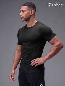 Zenbolt Men's Solid Color Crew Neck Compression Training T-Shirt, Slim Fit Short Sleeve, Compression Sports Top For Daily Wear And Gym Training - Black - View 4