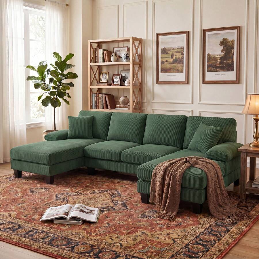 Devoko U-Shaped Sectional Sofa Couches For Living Room,105" Fabric Couch With Double Chaise,Comfy 4-Seat Modern Sofa For Apartment - 綠色燈芯絨 - 查看 1