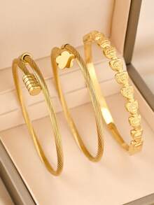 1pc Luxury Plated Gold Bangle Bracelet Set, Minimalist Twisted & Embossed Design, Hypoallergenic Titanium Steel, Versatile For Commuting, European And American Ins Style - Gold - View 7