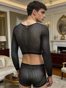 Men's Sexy Fishnet Lingerie Set, Elastic Knit Sheer See-Through Alluring Sleepwear - Black - View 3