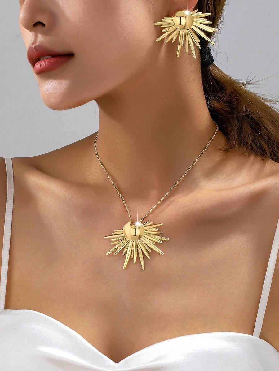 3件套花瓣设计复古夸张优雅耳环项链套装 - 金黃色 - 查看 1