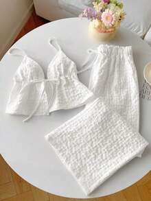 2 piezas Conjunto casual de vacaciones con rayas tejidas amarillas para mujer, /verano - Beis - Ver 6