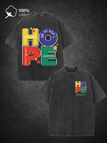 Playera Gráfica Casual Juveni23G Washed T-Shirt, Unisex Vintage Distressed Graphic Tee - Featuring Colorful "HOPE" Block Letters & "Holding On To God' - 黑色 - 查看 7