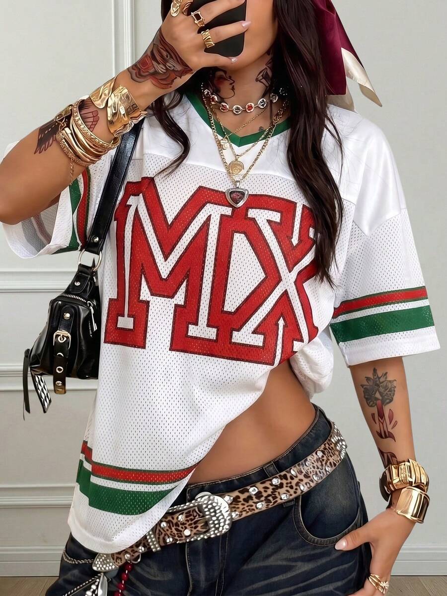 Women's Casual MX Pattern Print Loose Mesh V-Neck Short Sleeve T-Shirt, Summer - Multicolor - View 1