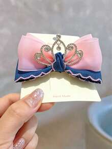 1pc Girls' Delicate Sweet Pink Denim & Mesh Bow Crown Shaped Hair Clip - Multicolor - View 1