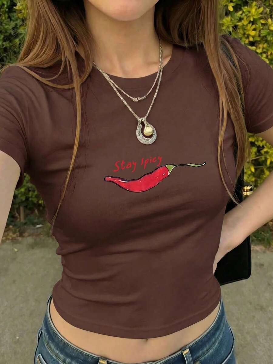 修身緊身圓領短袖嬰兒 T 恤,美式 Y2K 熱辣女孩風基本短版 T-Shirt,適合日常穿著、度假、街頭風、開學季、節慶、週末出遊、鄉村旅行、休閒穿搭 - 棕色 - 查看 1