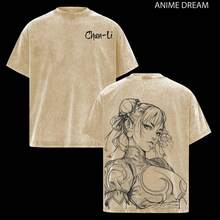 Unisex Oversized T-Shirt In Thick Washed Cotton With Double Chun Li Anime Print - Apricot - View 8