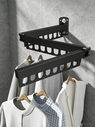 Wall-Mounted Foldable Clothes Drying Rack, 3-Fold Black Laundry Drying Rack, Space-Saving Retractable Wall-Mounted Clothes Hanger, Rust-Resistant Durable Garment Rack, Multi-Hole Design, Suitable For Bathroom, Balcony, Laundry Room, Bedroom, Small Apartment Home Storage