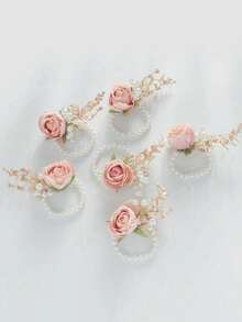 1pc/6pcs Elegant Rose Flower With Golden Leaves And Pearl Decor Wrist Corsage, Suitable For Bride, Groom, Bridesmaids, Weddings, Parties, Travels, Celebrations - Pink - View 7