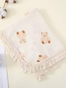 1pc Soft & Fringed 100% Cotton Muslin Baby Blanket, 65*80cm - Multicolor - View 3