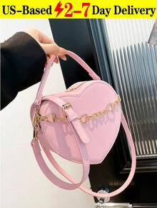 Pink Heart-Shaped Crossbody Bag, Local Delivery Inspired Designer Handbags, Luxury Bags For Women, Sweet Matte Finish Hand Bag With Heart Chain Decor, Elegant Valentine's Day Gift, Perfect For Spring Summer, Travel Essential, College Essentials, Bridal Shower Party Favors, Wedding Favors For Guests - 粉色 - 查看 1