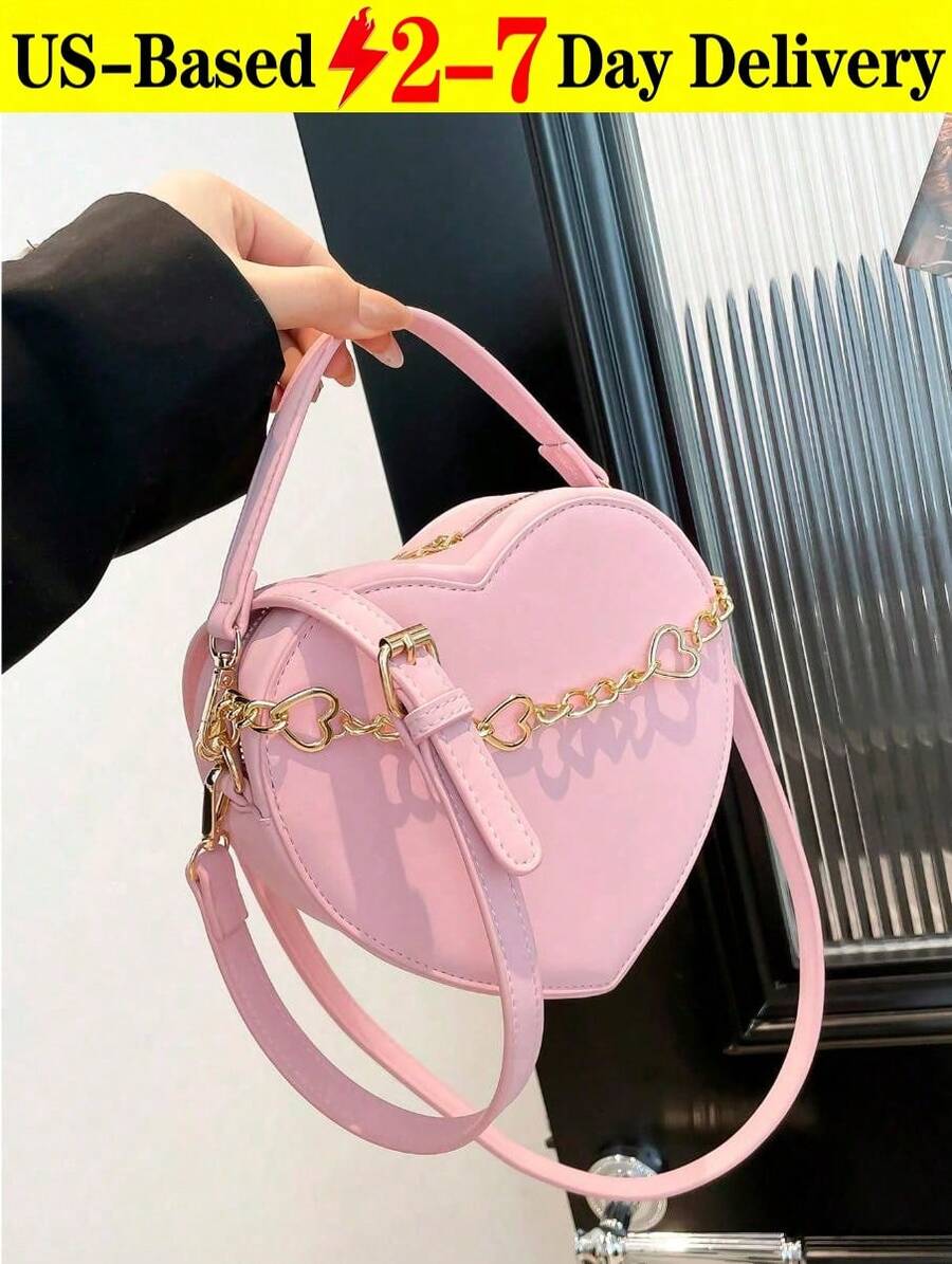 Pink Heart-Shaped Crossbody Bag, Local Delivery Inspired Designer Handbags, Luxury Bags For Women, Sweet Matte Finish Hand Bag With Heart Chain Decor, Elegant Valentine's Day Gift, Perfect For Spring Summer, Travel Essential, College Essentials, Bridal Shower Party Favors, Wedding Favors For Guests - 粉色 - 查看 1
