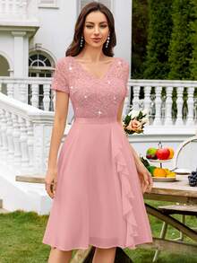 MIUSOL Vestido de fiesta con cuello en V, encaje floral con lentejuelas, volantes en el bajo, de gasa, color rosa, elegante para fiestas, vacaciones, ceremonias de graduación y otras ocasiones de verano - Rosa - Ver 4