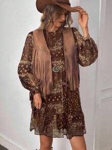 Women's Autumn/Winter Western Style Fashion Versatile Loose Round Neck Frill Collar Retro Wine Red Chiffon Digital Print Patchwork Long Sleeve Elastic Cuff Bowknot Waist Pleated Babydoll Bohemian Mini Dress Fall Cloth For Women - 棕色 - 查看 5