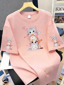 4件套简约休闲印花圆领T恤，加大码女式夏季短袖印花袖口上衣，适合日常穿着、海滩度假等场合，粉色 - 粉色 - 查看 4