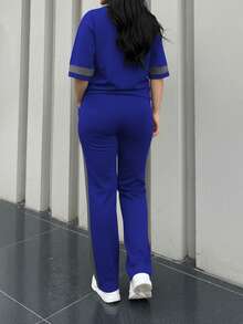 Conjunto de 2 piezas de camiseta de manga corta de cuello redondo y pantalones sueltos de cintura elástica para mujer, adecuado para primavera, verano y otoño, elegante - Azul 142 - Ver 5