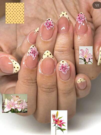 10pcs Handmade Nail Stickers, Short False Nails, Suitable For Summer Wear, Acrylic Nail Stickers, Summer Nails, Nail Sticker Set, Nail Art Supplies, Y2K Style, Nude Nails, Pink Nails, Brown Nails, Nude Pink Base With Cream Yellow French Tips Accented By Brown Polka Dots, And 3D Pink Floral Decorations With Rhinestone Centers On The Nails. Sweet And Elegant Style, Suitable For Ladies And Girls To Wear For Outings, Dates, And Casual Gatherings In Summer.