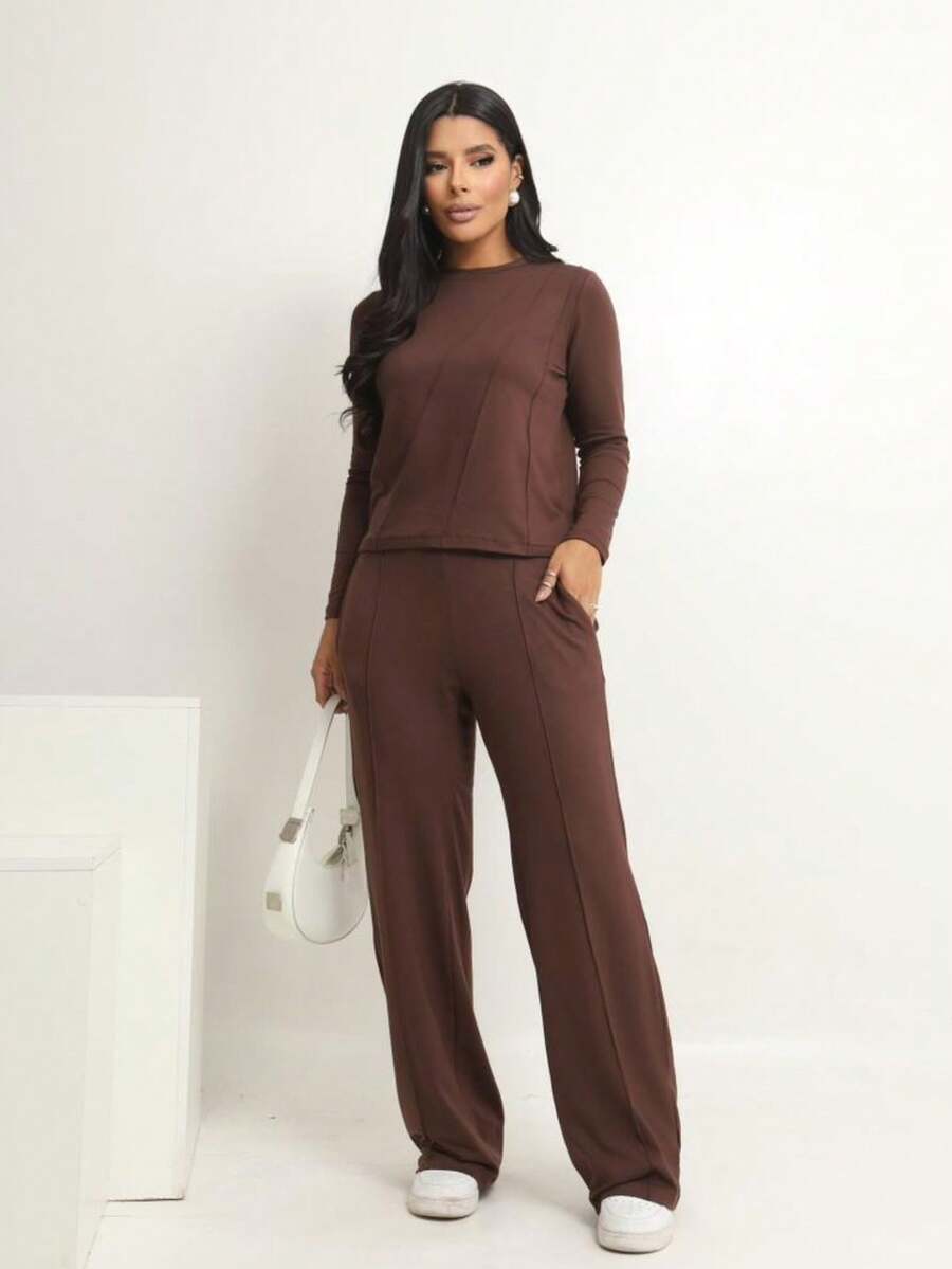 Women's Set Consisting Of A Basic Blouse With A Detail On The Front And Long Sleeves, And Pants With An Elastic Waistband At The Back. - 鏽棕色 - 查看 1