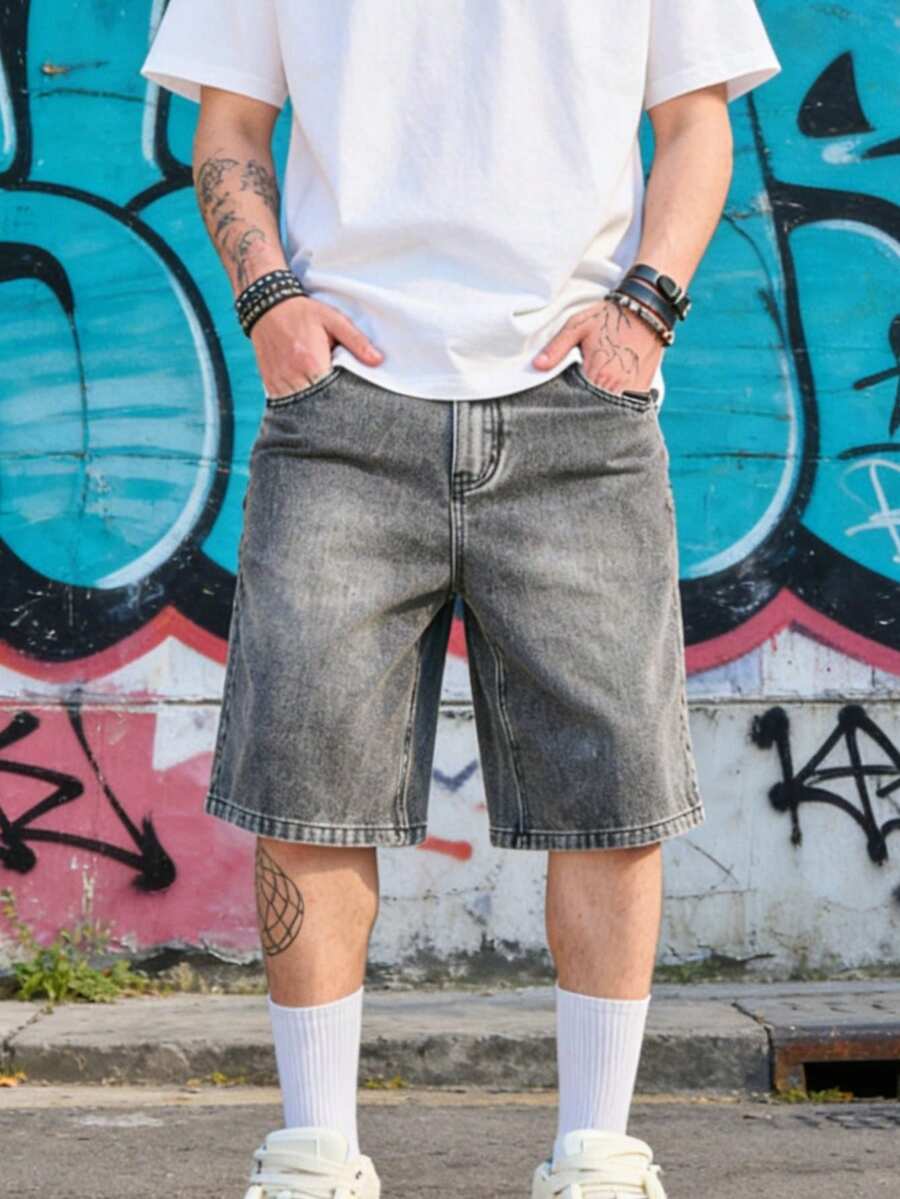 Men's Washed DenimBermuda Shorts, Casual Minimalist Versatile Non-Stretch Straight Leg Pants - Light Grey - View 1