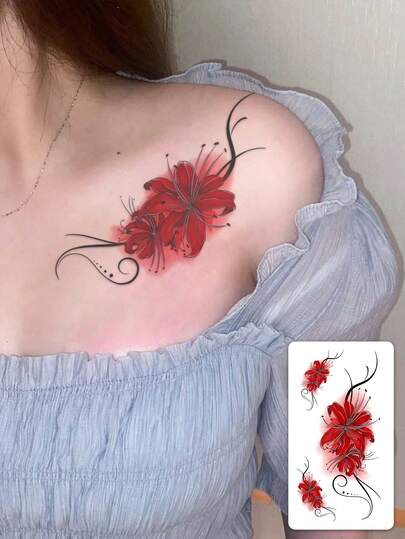 1 miếng dán hình xăm hoa sen đỏ chuyển màu chất lượng cao, có thể giặt được, chống thấm nước và bền lâu, thích hợp để trang trí xương quai xanh/vai/cổ, giữ được 2-3 ngày.