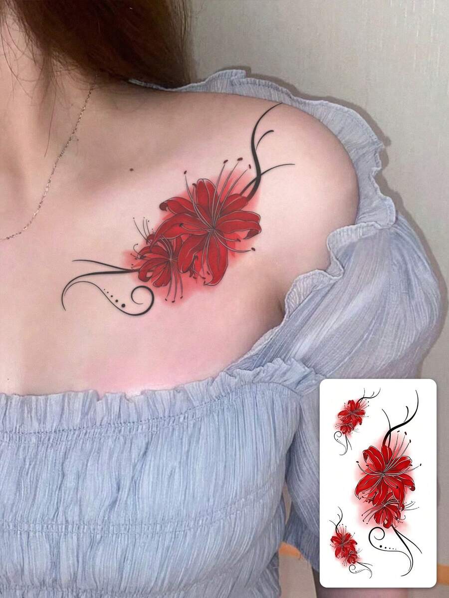 1 miếng dán hình xăm hoa sen đỏ chuyển màu chất lượng cao, có thể giặt được, chống thấm nước và bền lâu, thích hợp để trang trí xương quai xanh/vai/cổ, giữ được 2-3 ngày. - màu đen - Xem 1