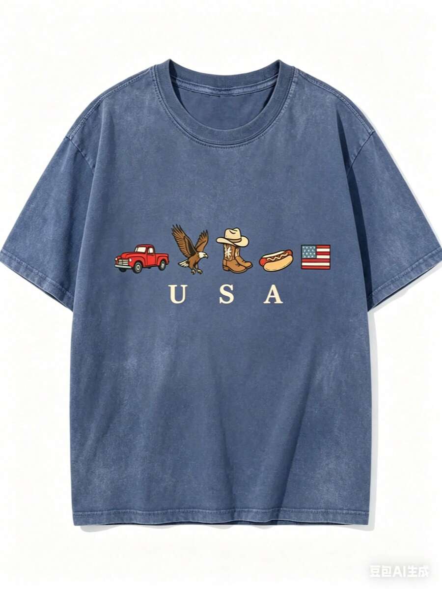 USA Icons T Shirt, American Flag T-Shirt, 4th Of July Graphic Tee, Country Clothing, Western Outfits, Independence Day 250th America Anniversary T Shirt2026 - Summer Outfits For Women - 寶藍色 - 查看 1