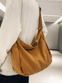 Vintage Washed Canvas Crossbody Bag, Casual Tote Bag Suitable For School, College, Work, Travel, Unisex Design ,Beach Bag - Brown - View 9