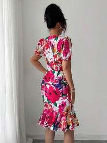 Vestido de mujer de cuello cuadrado de manga corta con estampado aleatorio - Rojo - Ver 2