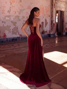 ADYCE Solid Color Strapless Long Satin Front Slit Backless Formal Dress, Suitable For Parties, Banquets, Balls, Galas, Wedding Guests, Graduation Ceremonies, New Year's Galas, Etc. (Gloves Not Included) - Burgundy - View 2