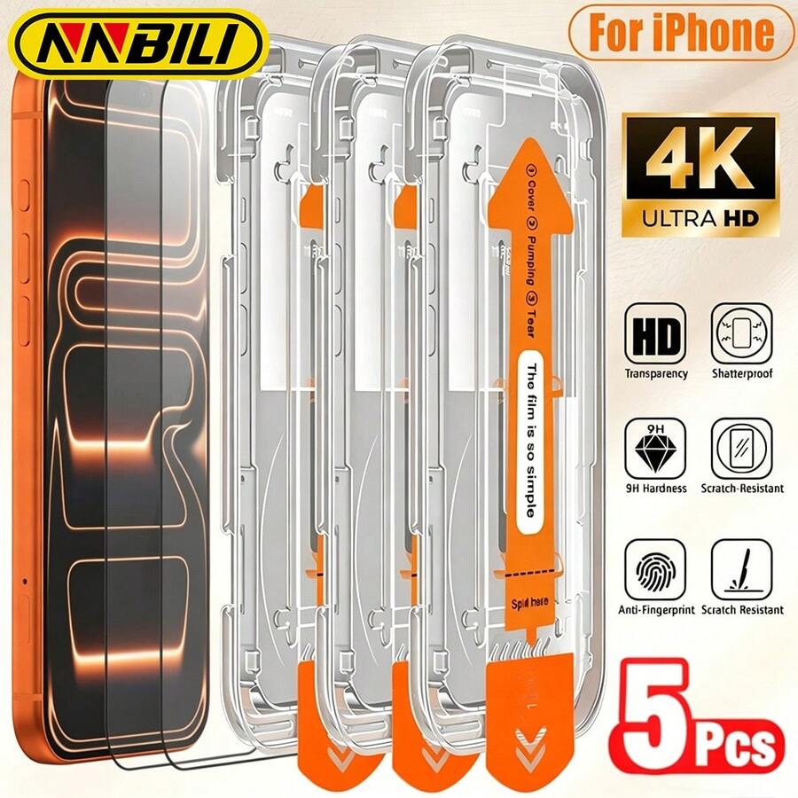 NNBILI 5片裝高畫質鋼化玻璃螢幕保護貼，相容 iPhone 18/18 Pro/18 Pro Max/17/17Air/17Pro/17Pro Max/16/16E/16Pro/16Plus/16Pro Max/15Pro/14Plus/13/12Mini/11/X/XR/XS Max，自動除塵，簡易安裝，高畫質全螢幕覆蓋，耐刮防水