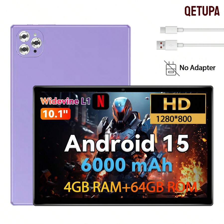 Qetupa 10.1-Inch Tablet PC, Android 15 System, MTK 8788 Octa-Core 2.0GHz CPU, 4GB RAM, 64GB ROM, 1280*800 IPS HD Display, 5MP Front Camera & 13MP Rear Camera, 6000mAh Large Battery, 802.11ac WiFi 5, GPS, Widevine L1 (Adapter Not Included)