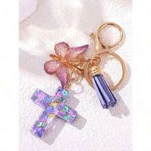 Resin Cross Keychain For Women Girls - 6 Styles With Butterfly Charm & Tassel, Embedded Pebbles, Glitter Heart & Purple Sequins (Mint Green/White/Pink/Purple) Fashion Jewelry Gift, Easter Baptism Party Favors Car Accessories Bag Charm School Cute Goth Y2k - 彩色 - 查看 3